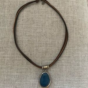 Black & brown leather necklace with blue pendant